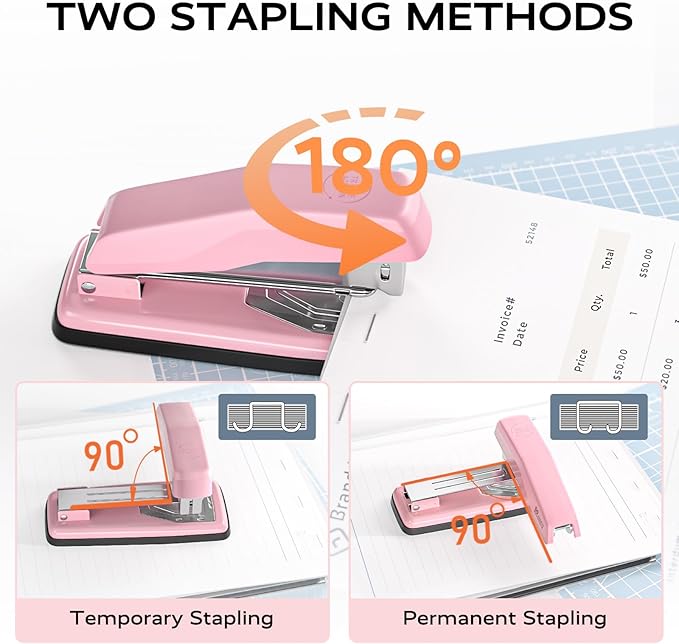 Desktop Stapler, Swing-Arm Swivel Stapler, 50 Sheet Capacity, 2000 Staples and Staple Remover, Rotatable Heavy Duty Staplers for Office, Home, Classroom, Booklet, Book Binding,Pink