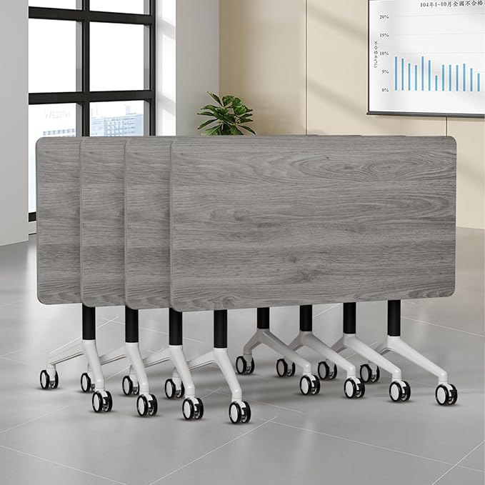 Folding Conference Table, Modern Large Conference Room Tables with Flip-Top Design, Foldable Conference Table Meeting Table with Wheels, Mobile Seminar Training Tables for Office Classroom (4, Oak)