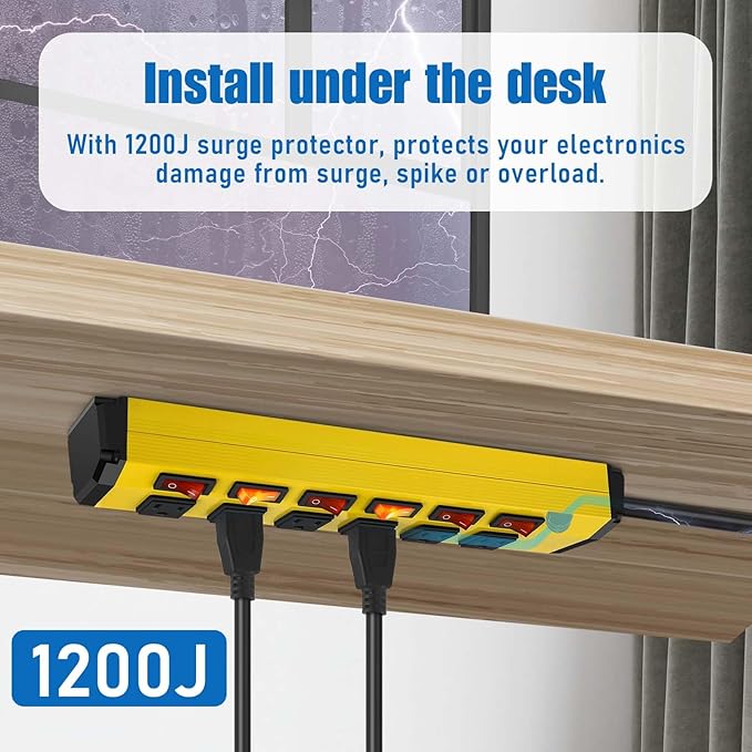 ANNQUAN 3PCS 6 Outlet Metal Power Strip with 6 Individual Switches,Heavy Duty Power Strip 1200J 15A 6FT Cord Home Office Industrial Commercial Shop