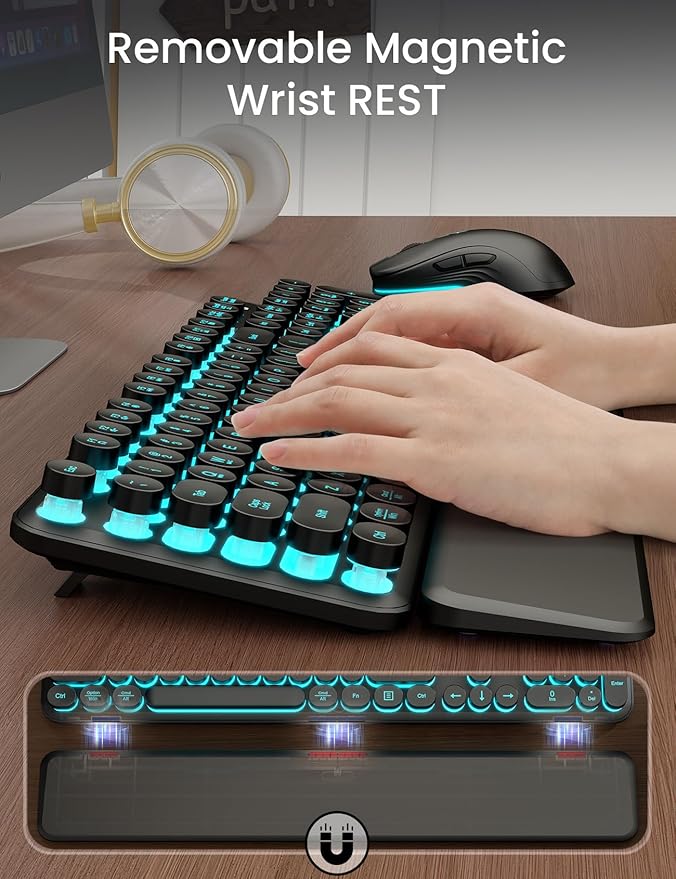 Wireless Keyboard and Mouse Backlit - Typewriter Keyboard with Detachable Wrist Rest, Retro Round Keycaps, Light Up Letters, 2.4G Cordless Combo for Mac, Windows, PC, Laptop, Trueque [2024 Upgraded]
