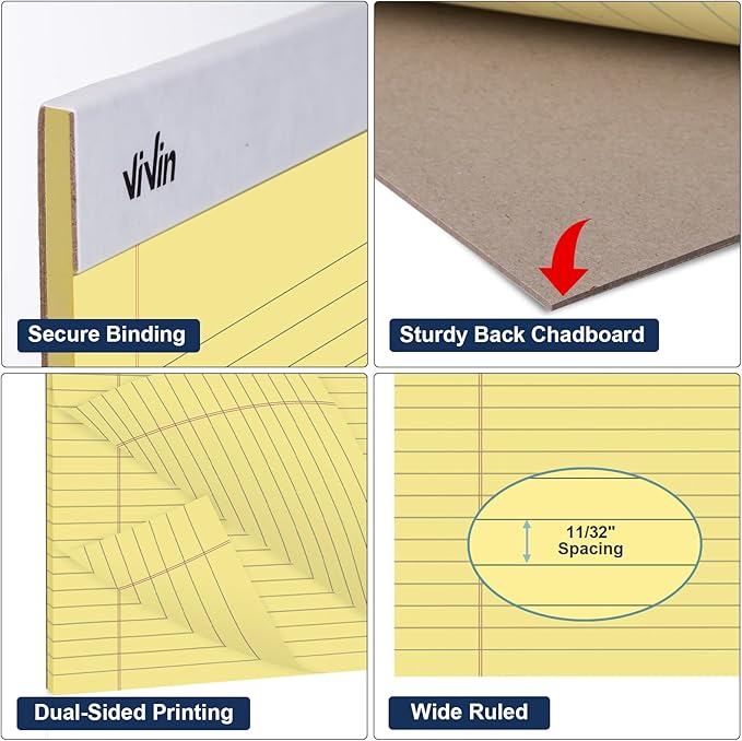 ViVin Legal Pads 8.5 x 11 Inch, Wide Ruled Note Pads, 12 Pack, 50 Sheet/Pad, Perforated Writing Pads, Notepads for Office Home School, 600 Sheets (12 Pack of 50), Canary Yellow Paper