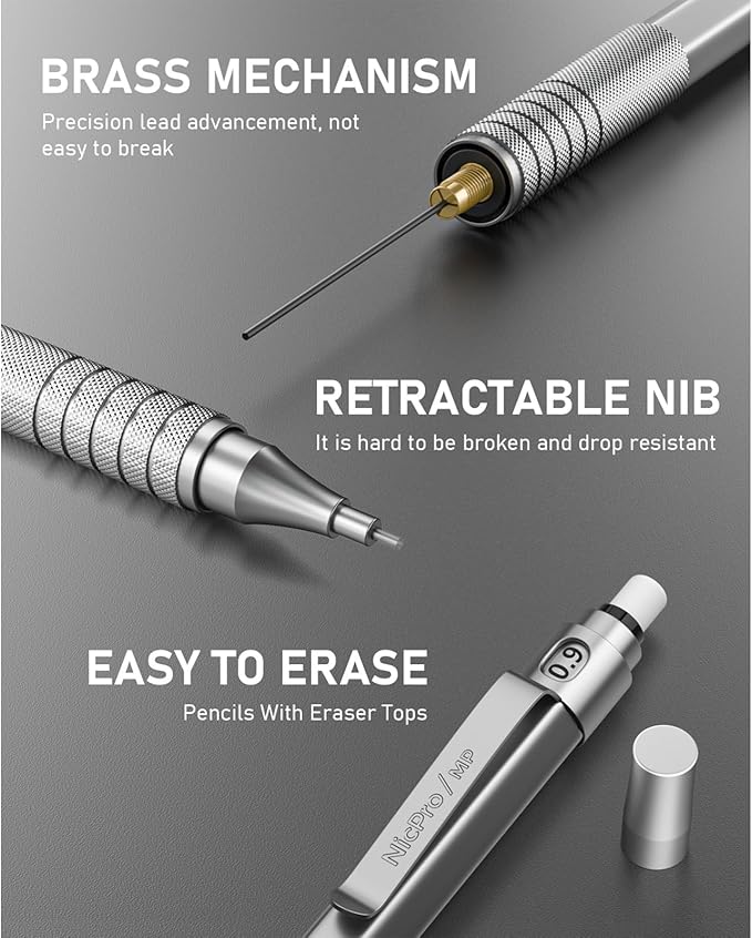 Nicpro 0.9 mm Metal Mechanical Pencil Set with Case, with 3PCS MP1000 0.9mm Drafting Pencil, 8 Tubes HB Lead Refills, 3PCS Eraser, Erasers Refills for Artist Writing, Drawing, Sketching, Silver