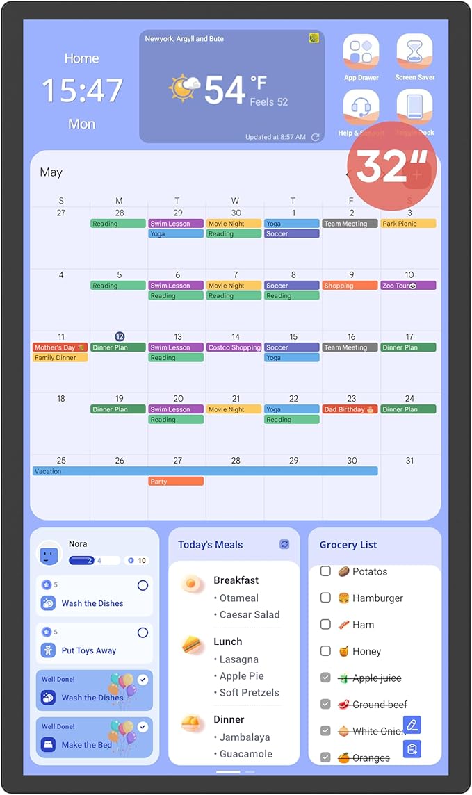 Digital Calendar+ 2: 32 Inch Wall Touch Screen Chore Chart Customize Dashboard Smart Electronic Calendar for Family Schedules Meal Planner Supports All Google Play Apps Wall Mount Black