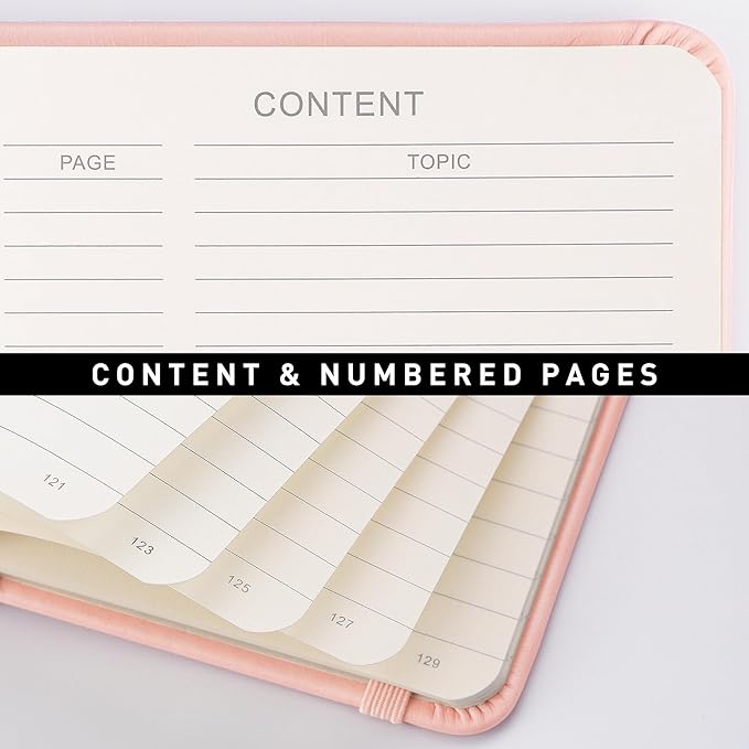 RETTACY Lined Journal Notebook, 192 Numbered Pages, A5 Medium Size (5.7'' x 8.3''), for Men & Women, Journaling, Writing, Work & Office, Leather Hardcover, 100 GSM Thick Paper (Pink)