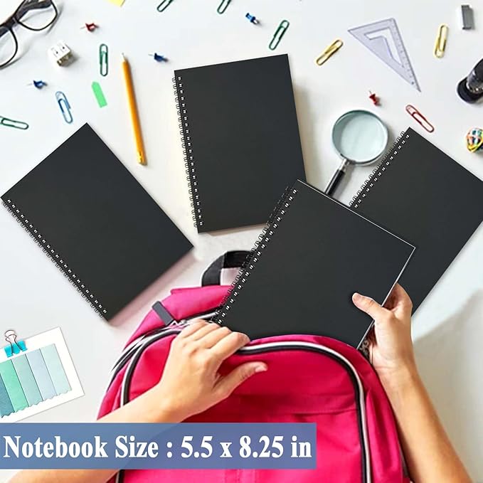 GINMLYDA Black Small Spiral Notebook 6Pack, 120 Lined Pages 8.25x5.50 Inches Spiral Journal Kraft Cover Notebooks & Writing Pads for School Home Office Aesthetic Sketch Drawing Note