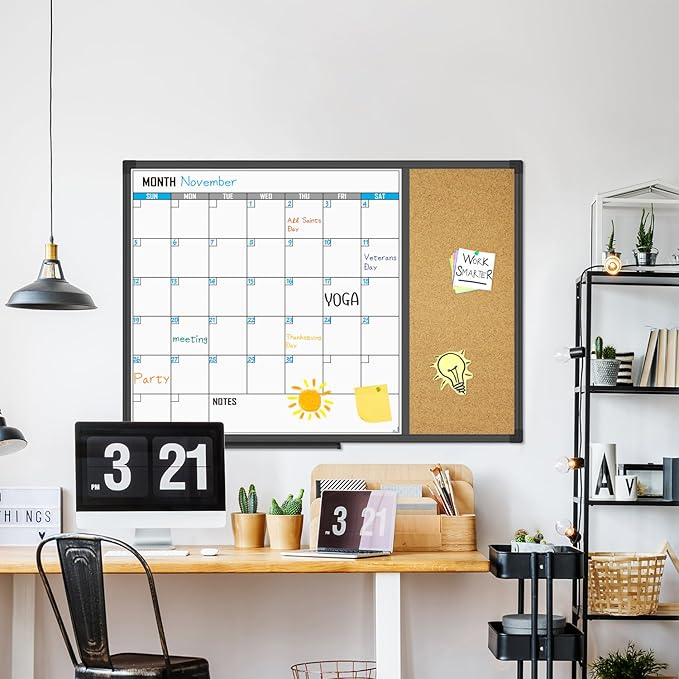 XBoard Dry Erase Calendar Whiteboard 28 X 20 - Combo White Board Calendar Monthly, Magnetic White Board + Corkboard with Black Aluminum Frame