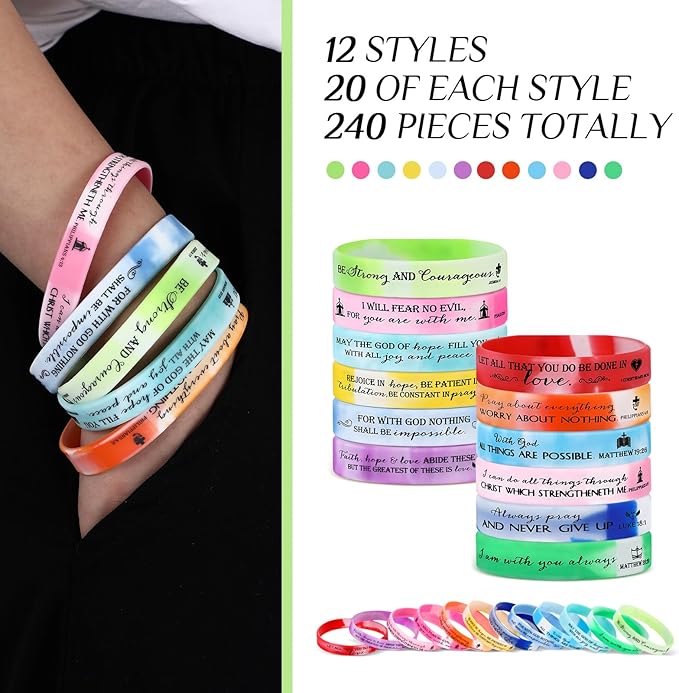 Unittype 240 Pcs Christian Silicone Bracelets Bulk Scripture Gifts Bible Verse Rubber Wristbands Religious Church Gifts for Women Men Party Favors Birthday Easter Baptism Gifts(Rainbow Color)