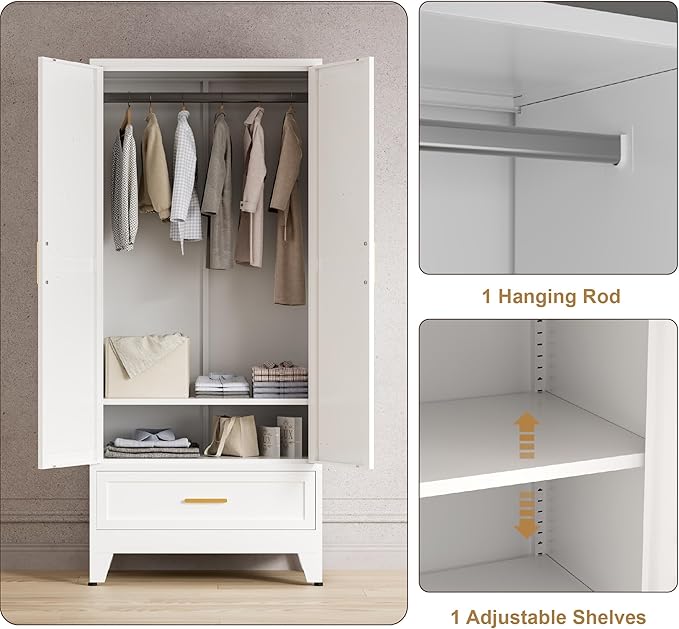 71'' Farmhouse Metal Wardrobe Cabinet with Hanging Rod, 2 Barn Door Wardrobe Closet with Adjustable Shelves,Drawer,for Dining Room,Bedroom,Living Room, Cloak Room,Office (White)