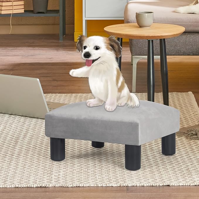 Joveco 15'' Small Foot Rest Stool Ottoman- Upholstered Footstool and Ottomans Small Footrest for High Beds- Lightweight and Portable, Light Gray