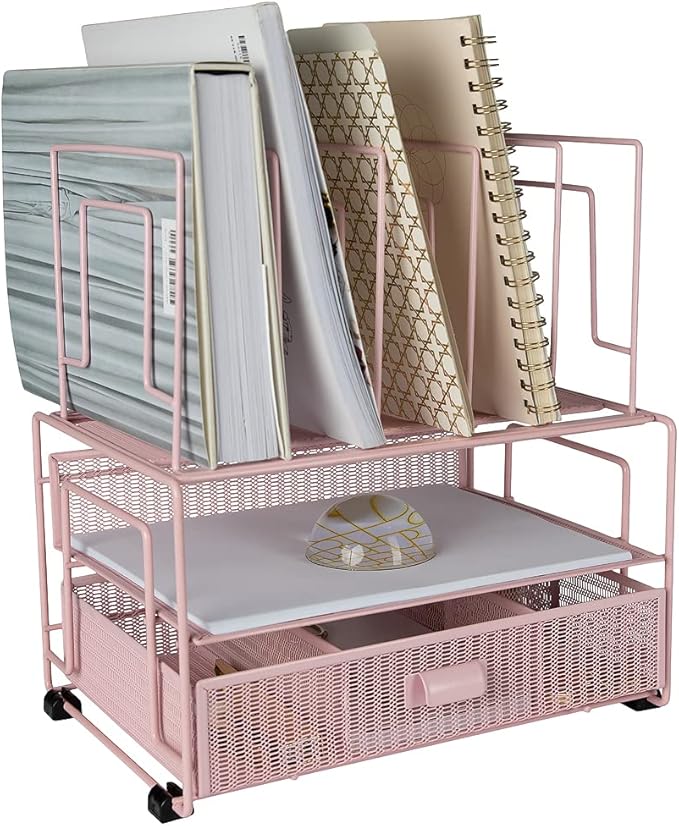 BLU MONACO Pink Workspace Desk Organizer and Accessories Desktop Rack with File sorters and Drawer for Office Supplies, Paper, Device and Folder
