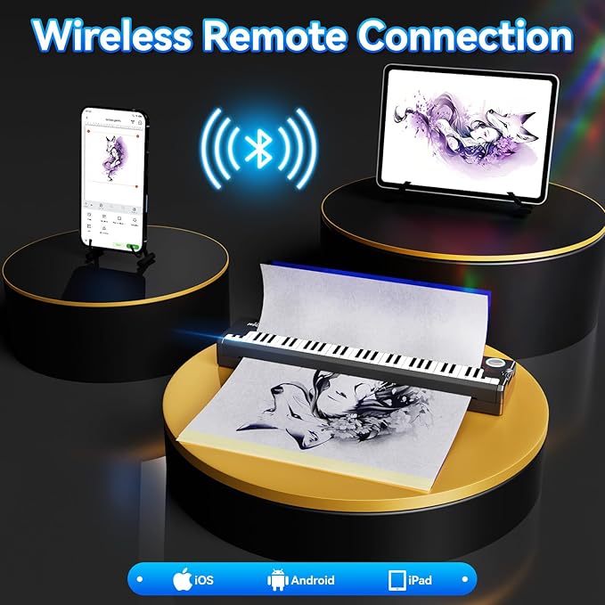 P90-Pino Wireless Tattoo Stencil Printer, Thermal Tattoo Machine with Inkless Tech, Inspired by Piano Design Portable Tattoo Printer Kit Compatible with Phone, Pad & PC