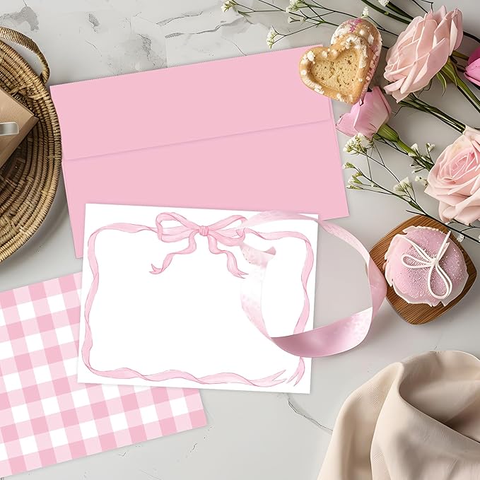 24 Pack Bow Stationery Cards with Envelops Blank Thank You Note Cards Cute Pink Ribbon Bow Plaid Greeting Cards for Wedding Birthday Bridal Baby Shower