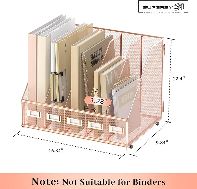 SUPEASY Desk Organizers Metal Desk Magazine File Holder with 5 Vertical Compartments Rack File Organizer for Office Desktop, Home Workspace, Rose Gold