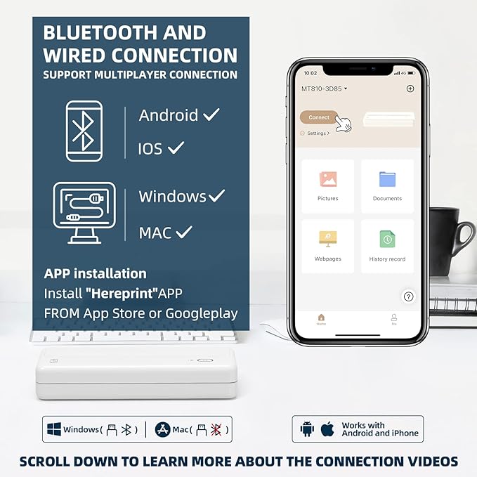HPRT Wireless Portable Printer - Bluetooth Thermal Printer for Travel, Mobile Office, School, Home Compatible with iOS Android