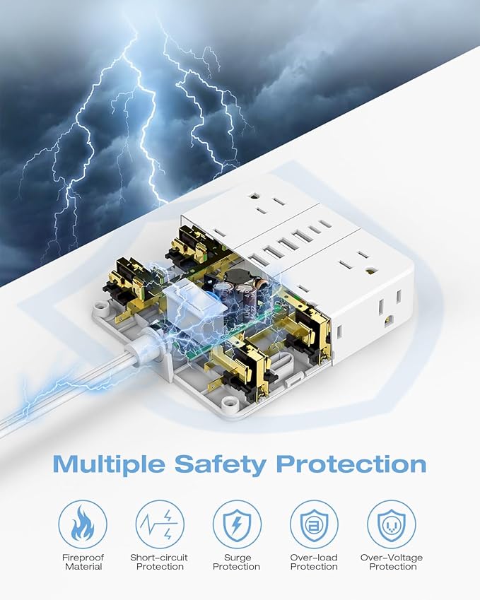 Flat Plug Power Strip, AOFO Surge Protector Flat Extension Cord with 12 AC Outlets and 6 USB(2 USB-C) Ports,Multiple Outlet Wall Plug 5FT Extension Cord for Home Office, Dorm Room Essentials