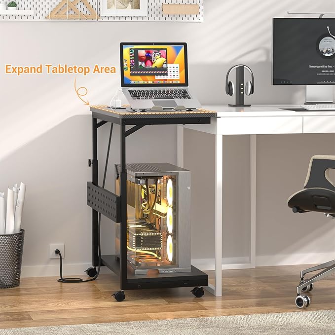 Computer Tower Stand with Power Strips, Height Adjustable PC Tower Stand/Cart with Wheels, Mobile Rolling CPU Holder, Computer Cart Side Stand for Computer Desk, 24", Carbon Fiber Black