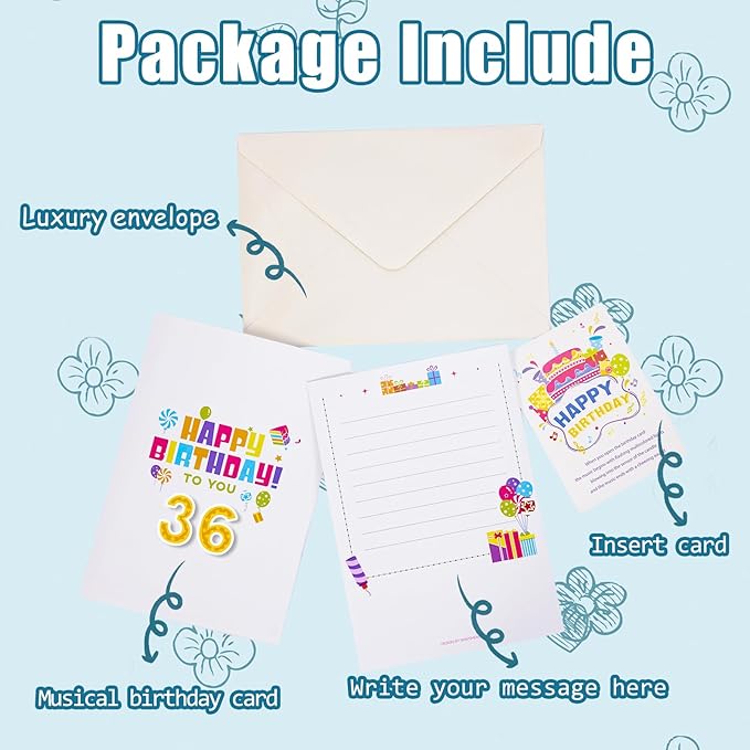 Gumry 36TH Musical Birthday PopUp Card, Blowable Colorful Light Candle 3D Cards with Song, Applause Cheers Sound, Greeting Cards Birthday Gifts Decorations for Women Men Turning 36 Years Old