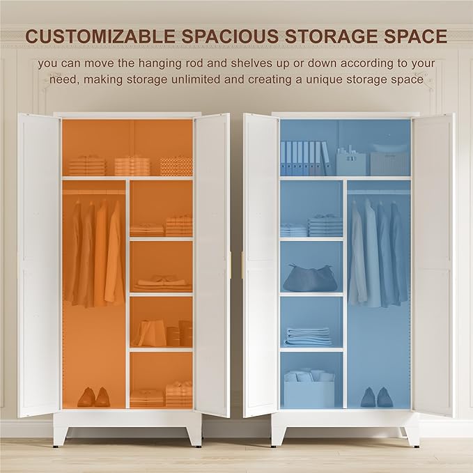 71" Tall Metal Wardrobe Closet with Adjustable Shelves and Hanging Rod, 2 Doors Office Storage Locker Cabinet for Home, Office, Bedroom, Laundry Room, White