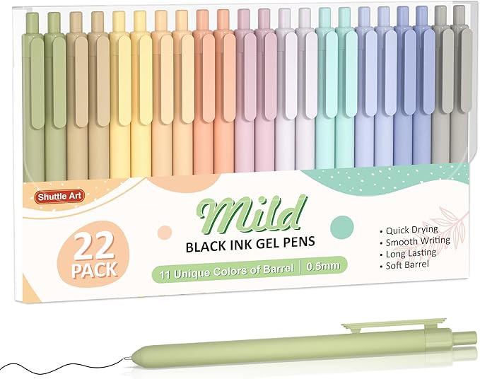 Shuttle Art Retractable Mild Gel Ink Pens - 22 Pack, Black Ink, Cute Fine Point Pens for Writing, Journaling & Notes