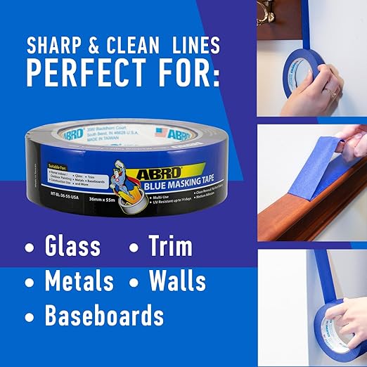 ABRO Blue Painters Tape 1.5 Inch Wide, 36mm x 55M, All Purpose Blue Tape, Temporary Labeling, Easy Tear, Clean Removal, Masking Tape Colored DIY or Pro - 6 Pack
