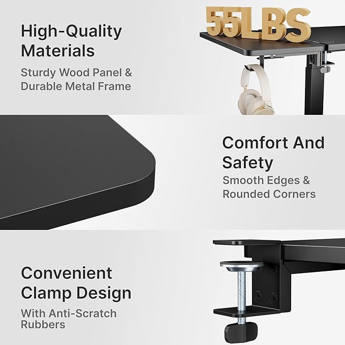 Desk Extender Tray, 24" x 12" Clamp On Desk Shelf, Desk Extension with Laptop Holder, Table Desk Arm Rest, Clamp On Keyboard Tray for Office and Home, Workstation Organizer, Medium, Black