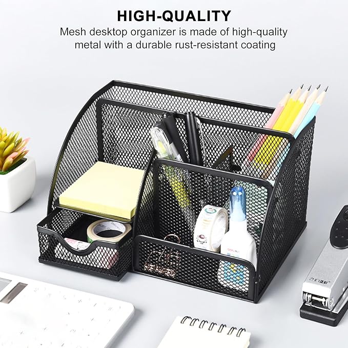 Mesh Desk Organizer, Desktop Organizer with Drawer, Office Supplies Multi-Functional Caddy, Metal Stationary Black Desk Caddy, with 6 Compartments and 1 Drawer for Home, School, Workshop, kitchen