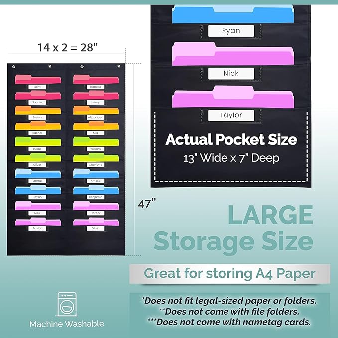 Hippo Creation Heavy Duty Storage Pocket Chart for Classroom, 20 Pocket Storage Organizer with 4 Over-Door Hangers, Hanging Wall Organizer for File Folders, School Mailbox, Home Office Papers - Black