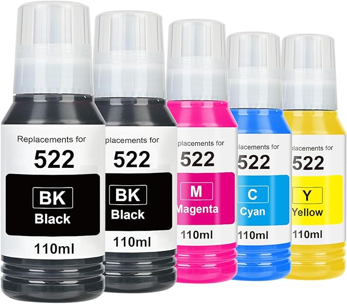 522 High Capacity Ink Refill Bottles Combo Pack Remanufactured for Epson 522 EcoTank Ink Works with EcoTank ET-2400, ET-2720, ET-2800, ET-2803, ET-2840 (5 Pack,550ML, Not Sublimation Ink)