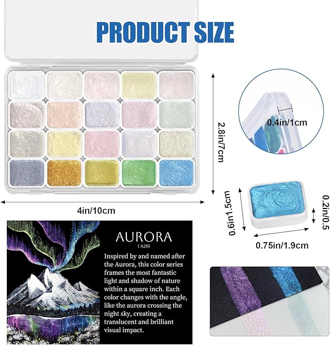 Mini Glitter Watercolor Paint Set, 20 Colors Shimmer Metallic Watercolour Painting Sets, Solid Pearl Water Color Paints for Kids, Adult, 1ml Trial Pack (Aurora)