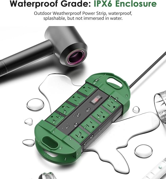 CCCEI Outdoor Power Strip Weatherproof with 8 Plug, Waterproof Extension Cord with Multiple Outlets, Christmas Exterior Garden Yard Surge Protector 10FT, Green.
