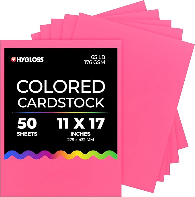 Hygloss Pink Bright Colored Cardstock - 11x17-Inch, 50 Sheets, 65 lb/ 176 gsm, Fade-Resistant, Acid-Free Color Card Stock Paper