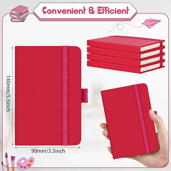 40 Pieces Small Notebooks A6 Pocket Journals 3.5 x 5.5 Inch Small Leather Notebook Mini Ruled Lined Journal with Elastic Band Pen Holder Page Marker Ribbons (Rose Red)