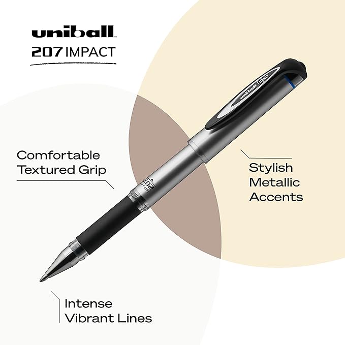 Uni-Ball Uniball Signo 207 Impact Gel Pen, 16 Blue Pens, 1.0mm Bold Point, Auto-Retractable Tip, Smooth Grip, Water-Resistant Ink