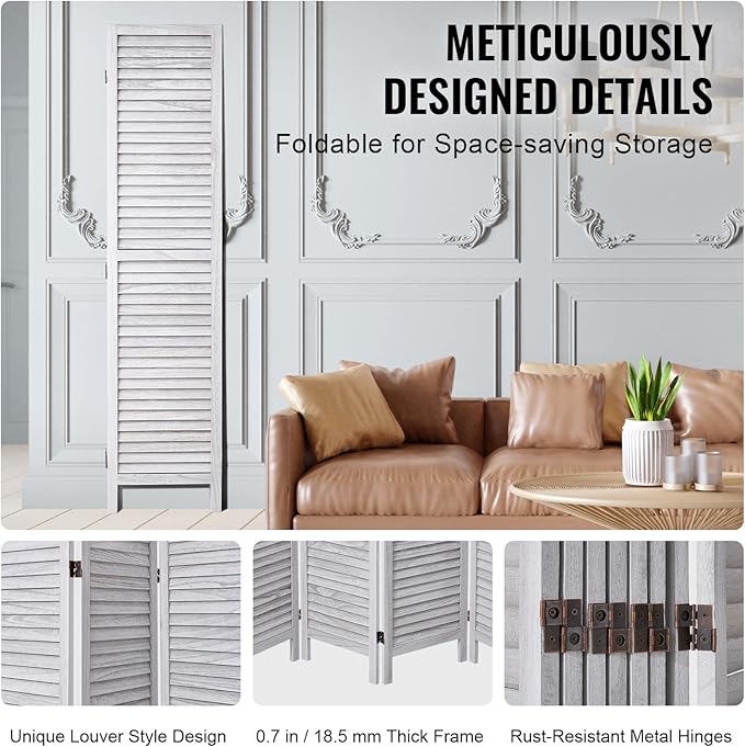 VEVOR Wood Room Divider, 8 Panel Wood Folding Privacy Screen, 66.9 Inches Tall Indoor Louvered Wooden Partition, Portable Decoration Screen, for Room Separation, Home, Office, Restaurant & Bedroom