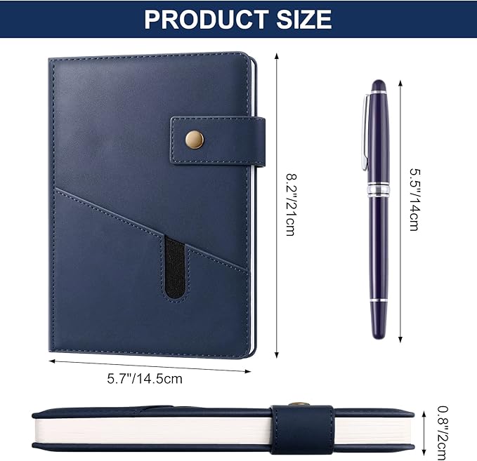 A5 Leather Journal Notebook with Pen, 200 Pages Hardcover Journal with Pocket, 100gsm Thick Lined Paper Daily Diary for Men and Women, Great Gift for Business School Travel Personal - Navy Blue