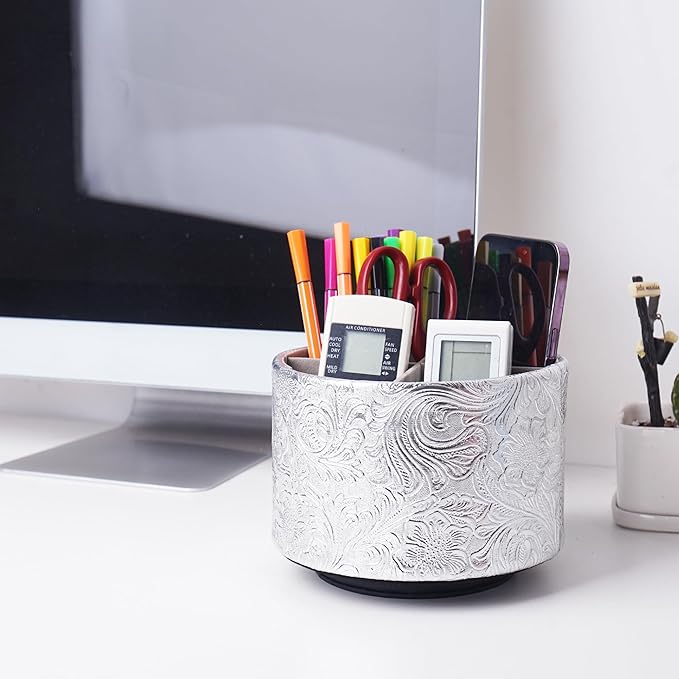 lizimandu Round Leather Art Supply Organizer,Remote Control Holder,360 Degree Spinning,Multi-Functional Pencil Holder,4 Compartments Desktop Stationary Organizer(1-Carved Silver)