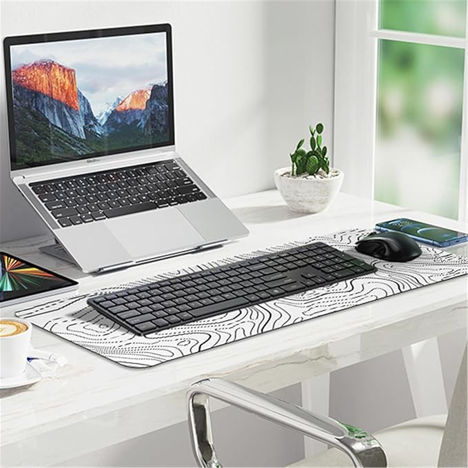 Gaming Mouse Pad Large 31.5 x 11.8in Topographic Keyboard Pad Mouse Pad for Non-Slip Base and Stitched Edge, Extended Desk Pad XL Keyboard Desk Mat (White)