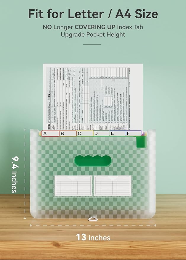 ABC life 26 Pockets Accordian File Folder Organizer Letter Size Expanding File Folder, A4 Portable Document Paper School Organizer, Expandable Multicolor Accordion Filing Folders with Labels(Green)