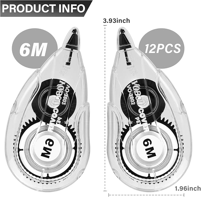 White Correction Tape, Easy To Use Applicator for Instant Corrections Wrong Writing At Any Time, For school, Office (12pack, 6M/256" x 0.2")