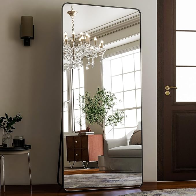 HARRITPURE 71x32 inch Rounded Full Length Mirror Aluminum Frame Black Mirror Full Length Floor Mirror with Stand for Living Room Bedroom Cloakroom