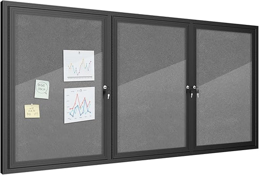 70"x34" Enclosed Bulletin Board, Outdoor Lockable Weather-Resistant Aluminum Cork Noticeboard for School & Office, Black Frame w/Grey Flet