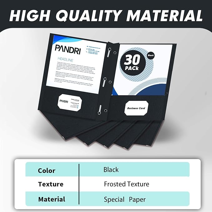 Two Pocket Folders, PANDRI 30 Pack Two Pocket Folders with Prongs, 3 Prong Folders Designed for Office and Classroom, Letter Size Black