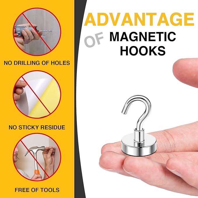 DIYMAG Magnetic Hooks, 30lbs+ Heavy Duty Magnetic Hooks Cruise for Hanging, Super Strong Magnet Hooks for Cruise Cabin, Refrigerator, Classroom, Magnetic Metal Hooks for Grill (Sliver, Pack of 20)