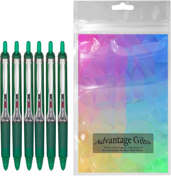 Precise V5 RT Retractable Rolling Ball Pens, Extra Fine Point (.5mm), Green Ink, 6-pk; Premium Comfort Grip, Bundle with Plastic Reusable Pouch