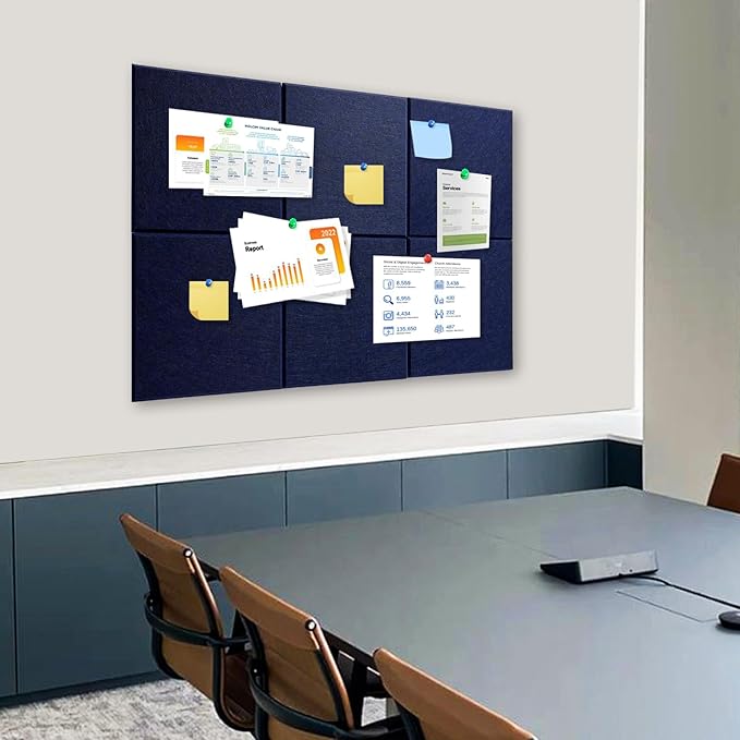 Thick Cork Board for Wall with Pins, 36" x 24" Bulletin Board Self-Adhesive Pin Board | Customized 6 Packs Felt Tiles for Office Home Wall Decor, Navy