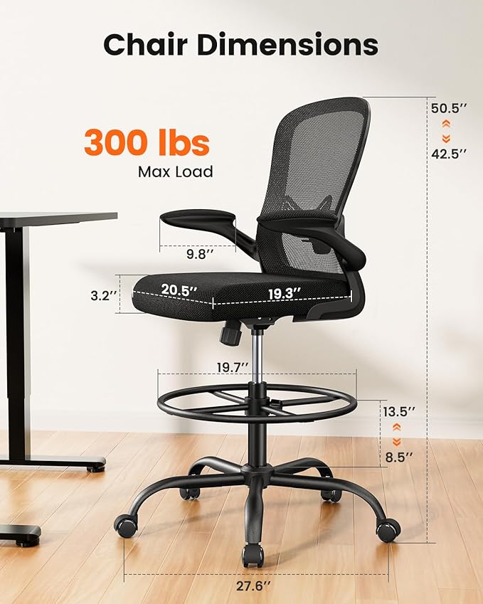 ErGear Drafting Chair, Standing Desk Chair with Flip-Up Armrests, High Desk Chair Adjustable Height, Ergonomic Tall Office Chair with Lumbar Support and Adjustable Footrest Ring