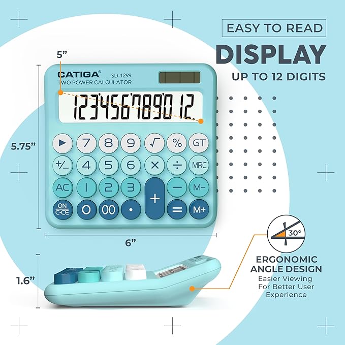 CATIGA Mechanical Switch Calculator with Solar and Battery Dual Power, 12-Digit Large LCD Display, Aesthetic and Cute Desktop Calculator with Big Button, for Home, School and Office Use, SD-1299