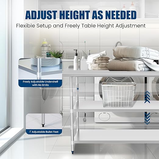 Stainless Steel Table 24 x 60 Inches Metal Work Table with 2 Adjustable Undershelves & Backsplash for Commercial Kitchen, Outdoor, Restaurant, Hotel & Garage