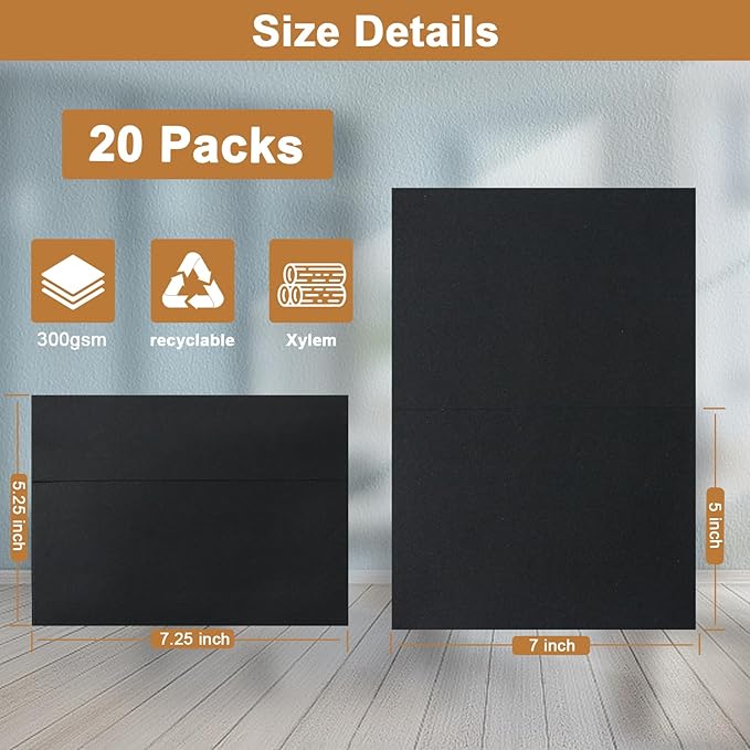 Black Blank Greeting Cards and Envelopes 5 x 7 Heavyweight Folded Cardstock and Printable A7 Envelopes Self Seal 20 Packs for Thank You Cards, Invitations, Wedding, Graduations, Party