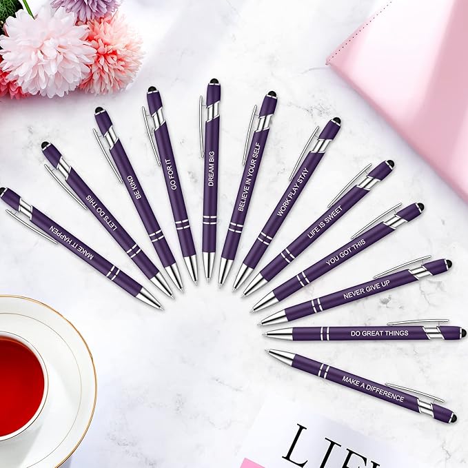 Zonon 12 Pieces Inspirational Pens Bulk Easter Basket Stuffers Motivational Quotes Ballpoint Pens with Stylus Tip Inspirational Gifts for School Office Teachers(Dark Purple,Motivational Style)